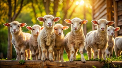 White sheep and adorable lambs graze in a green meadow, embodying spring farming on a rural livestock farm