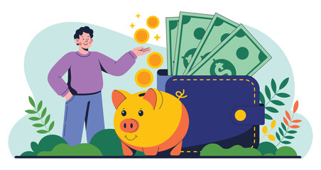 saving money concept featuring person putting coins into piggy bank with cash wallet and plants, black and white vector financial illustration
