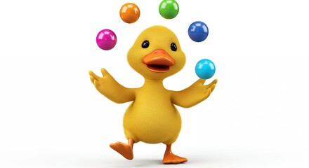 Cute yellow duck juggling colorful balls