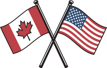 Red and white Canadian flag, and American flag with a patriotic fist or hand symbol