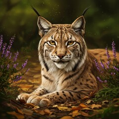 Fototapeta premium Eurasian Lynx in Autumnal Forest: Stunning Wildlife Art