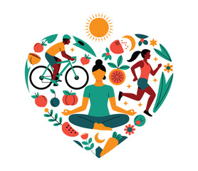 heart-shaped wellness concept featuring cycling, running, yoga, fruits, vegetables, and sun — black and white vector promoting healthy living