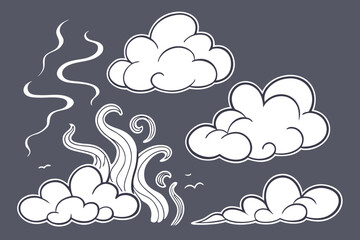 Blue sky with cartoon vector cloud icons and seamless weather design elements