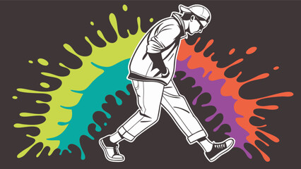 Obraz premium Illustration of a stylish man walking with colorful paint splashes background vector art design