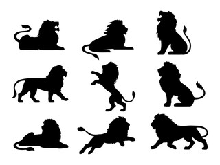 Collection of majestic lion silhouettes in various poses isolated on white background