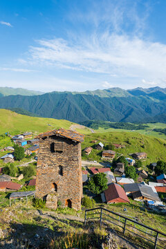 Omalo village landscape, Upper Omalo in Tusheti, Georgia, with Tush towers. Omalo is an ancient village located in a popular hiking area in Tusheti, Georgia