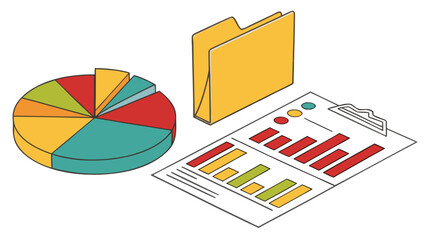 Business data analysis report with chart pie and bar graph for financial performance and folder document