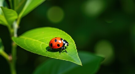 A vibrant ladybug rests on a bright green leaf, basking in the sunlight.