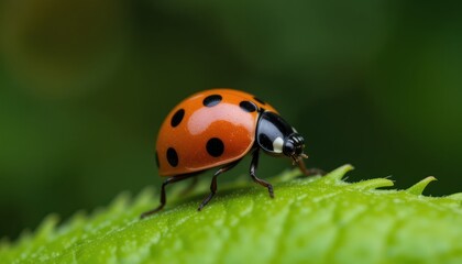 Close-up of a ladybug on a vibrant green leaf.