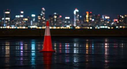 A solitary traffic cone stands on a wet surface reflecting city lights at night.