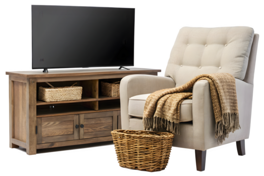 Cozy living room setup featuring a modern TV stand, comfortable armchair, and stylish wicker baskets