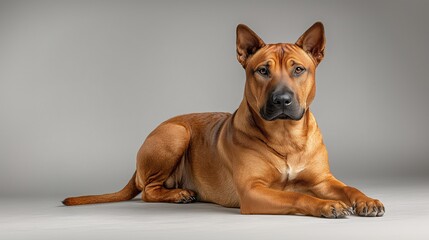 Obraz premium Calm brown dog lying on light studio floor with neutral backdrop
