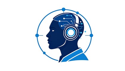 Profile view of a stylized head with headphones and circuit details, within a circle