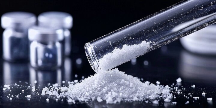 Close-up view of potassium chromate powder in a test tube.