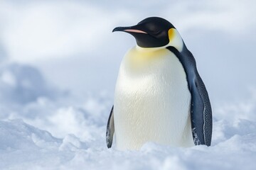 Fototapeta premium Majestic Emperor Penguin Standing Proudly in a Snowy Landscape Amidst a Glacial Setting, Capturing the Beauty of Arctic Wildlife in Its Natural Habitat