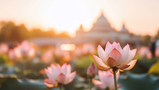 close up of lotus flowers on background of indian temple taj mahal, symbol and traditions of india - Powered by Adobe