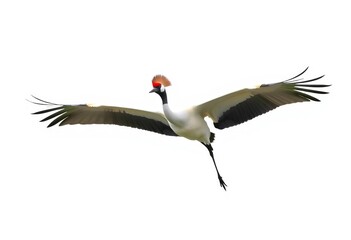 Solitary red-crowned crane in flight, wings spread wide against a pure white background,  leg,  fauna