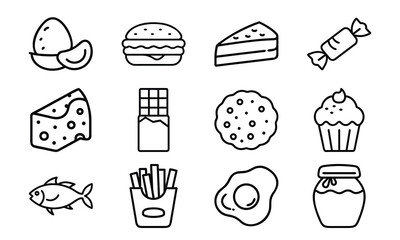 Simple Line Art Food Icons – Egg, Burger, Cheese, Chocolate, Cupcake, Cookie, Candy, Fish, Fries, Jam, Cake, and Breakfast Symbols for Culinary and Nutrition Design