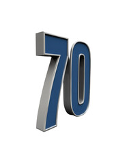 Isolate Transparent, Three-Dimensional Number Seventy in Bold Blue and Silver Design, PNG Die-Cut For Advertising