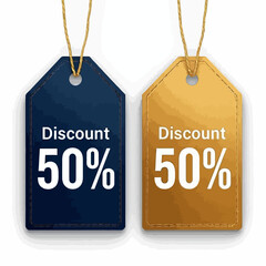 A pair of blue and gold sale tags offering a fifty percent discount. Hanging price labels for retail marketing and special promotions.