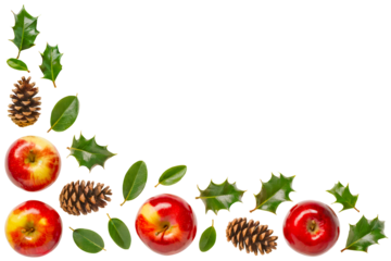 Diagonal corner border of red apples, pine cones, holly leaves, and green foliage on transparent background for Christmas or rustic winter holiday greeting card and seasonal design use