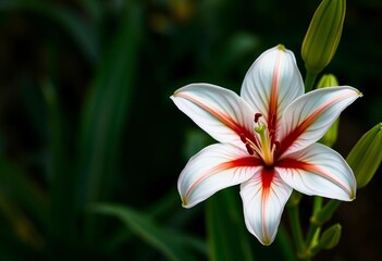 Obraz premium Elegant white Oriental lily, deep red center, tiger-striped petals, garden, texture