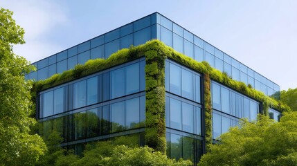 Modern Green Building Featuring Vertical Garden Surrounded by Lush Greenery and Clear Blue Sky