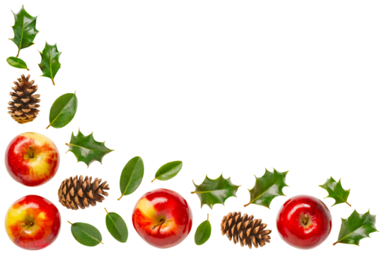 Diagonal corner border of red apples, pine cones, holly leaves, and green foliage on transparent background for Christmas or rustic winter holiday greeting card and seasonal design use