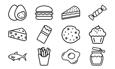 Simple Line Art Food Icons – Egg, Burger, Cheese, Chocolate, Cupcake, Cookie, Candy, Fish, Fries, Jam, Cake, and Breakfast Symbols for Culinary and Nutrition Design