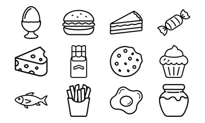 Simple Line Art Food Icons – Egg, Burger, Cheese, Chocolate, Cupcake, Cookie, Candy, Fish, Fries, Jam, Cake, and Breakfast Symbols for Culinary and Nutrition Design