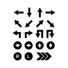 A collection of arrow icons, black cursors, up-down arrows, and symbol icons. A simple and modern collection of solid arrows, web design, mobile apps, minimalist flat interfaces, solid lines from left