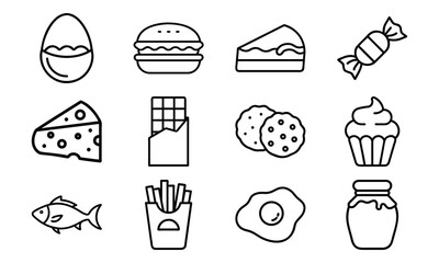 Simple Line Art Food Icons – Egg, Burger, Cheese, Chocolate, Cupcake, Cookie, Candy, Fish, Fries, Jam, Cake, and Breakfast Symbols for Culinary and Nutrition Design