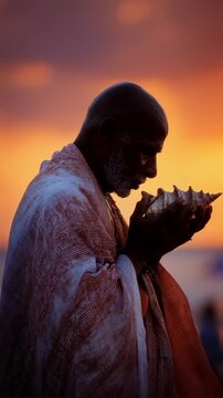 Capture the essence of spiritual connection in this enchanting golden hour image of a priest blowing a conch shell at a Navami festival. The warm hues of dusk accentuate the sacred