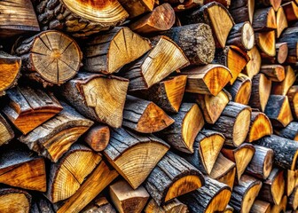 Stacked Firewood: Craftsmanship and Rustic Beauty -  A meticulously arranged pile of firewood showcasing the artistry of stacking, with smooth sanded ends and rugged bark.