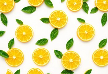 Fototapeta premium Seamless pattern of vibrant lemon slices and leaves on a clean white background, drink, photography