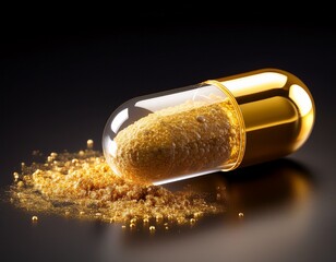 Fototapeta premium unique capsule filled with golden powder and granules displayed on a dark surface