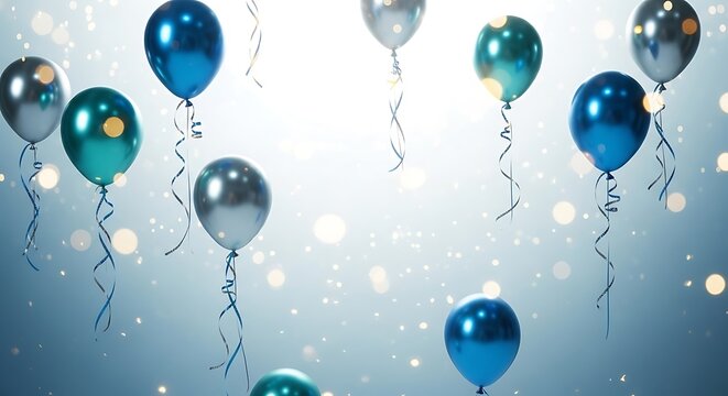 Shiny blue and silver party balloons with curly ribbons float against a bright, sparkling background.