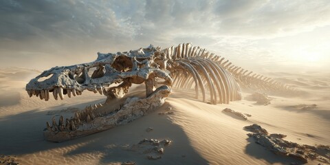 Dinosaur skeleton fossil lies in desert sand under sky, background of bright sunlight