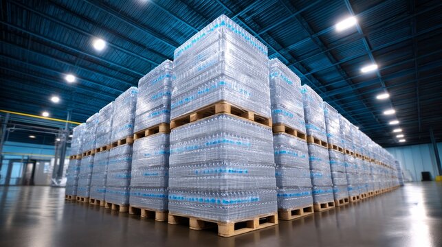 Pallets Stacked With Bottled Water Cases in a Spacious Indoor Warehouse