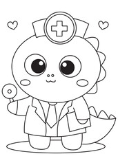 Coloring book dragon dressed as a doctor with a stethoscope.
