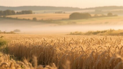 Golden wheat field at dawn with misty background and rolling hills