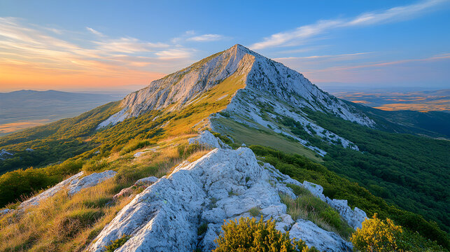 A mountain peak at sunset, viewed from a distance. 