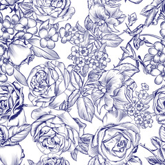 Floral seamless pattern. Blue and white textile design. Rose plants print. Toile de jouy flowers wallpaper, pattern, background. Nature gentle seamless pattern. Vector pattern