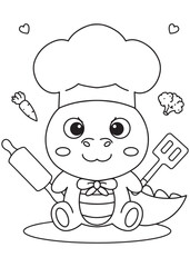 Coloring book dragon dressed as a chef baking food.