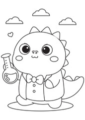 Coloring book dragon scientist with a beaker.