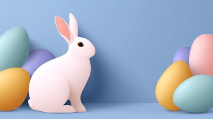 Pastel Easter Eggs and a White Rabbit on a Serene Blue Background