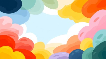 Pastel Rainbow Cloud Frame Surrounding a Bright Blue Sky with Soft, Fluffy Clouds