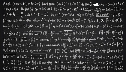 Mathematical formulas densely written on a chalkboard