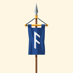 Illustrated Battle Standard with Spearhead and Rune Symbol on Fabric