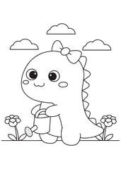 Coloring book dragon holding a flower.